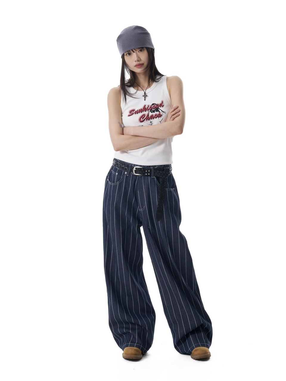 【AAKAM】Striped Cinch Back Denim Pants