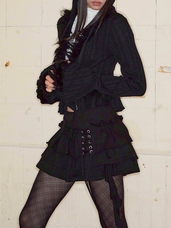 【NOT KNOWING】3 Tiered Lace-Up Ruffle Skirt / 【ノットノーイング】3ティアードレースアップラッフルスカート