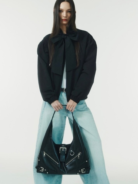 NOT KNOWING】Black Moto Hobo Bag (LEATHER) | OUR BRAND,NOT