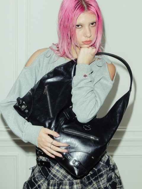 NOT KNOWING】Black Moto Hobo Bag (LEATHER) | OUR BRAND,NOT NOT KNOWING】Black Moto Hobo Bag (LEATHER) | OUR BRAND,NOT