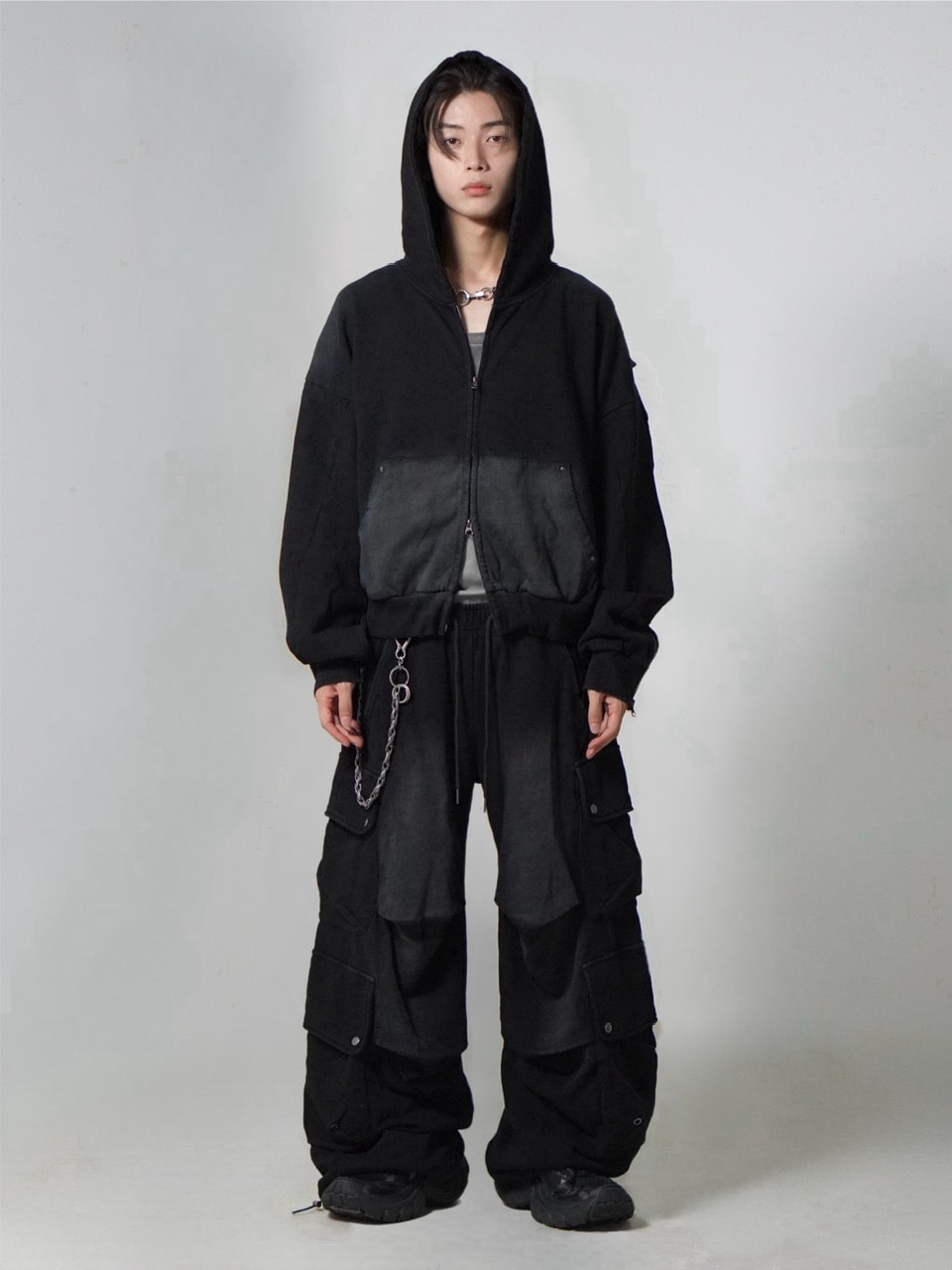 【CHIKASHITSU PLUS HIGH】4 pocket dirty wash sweat cargo pants (wash black)