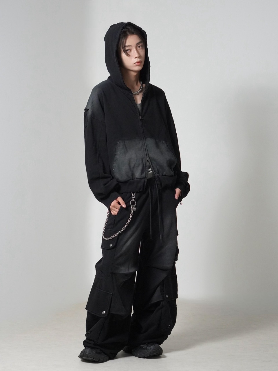 【CHIKASHITSU PLUS HIGH】4 pocket dirty wash sweat cargo pants (wash black)