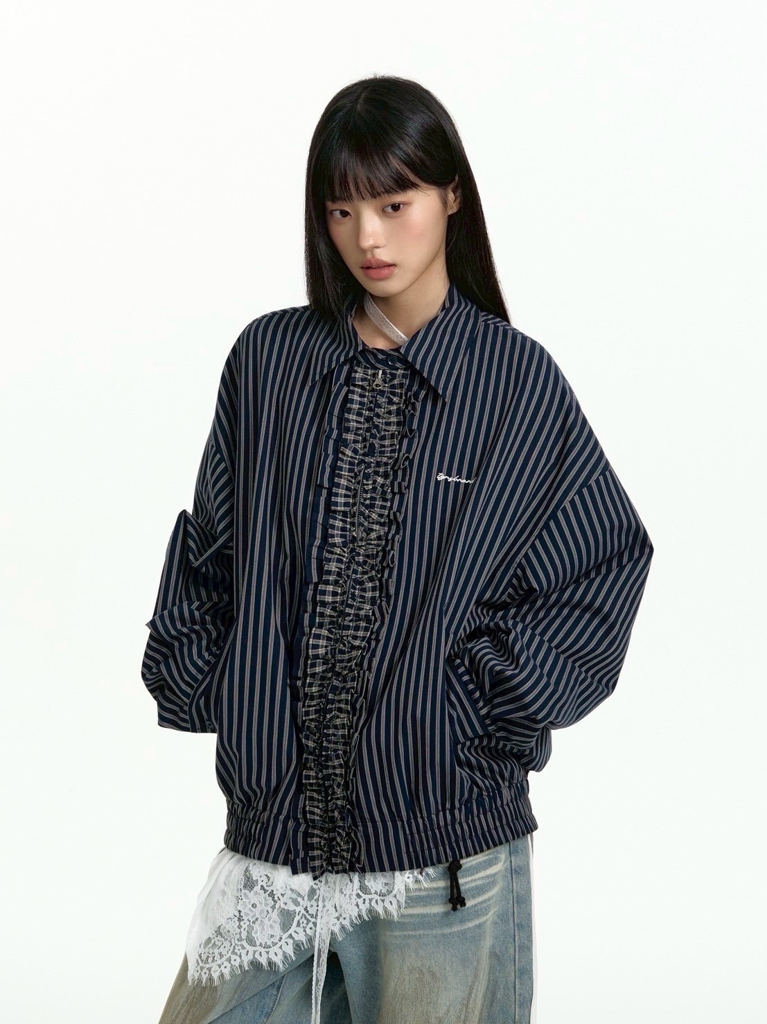 TGNS】Plaid Lace Jacket / 【ツーガンズ】センターフリルジップアップ