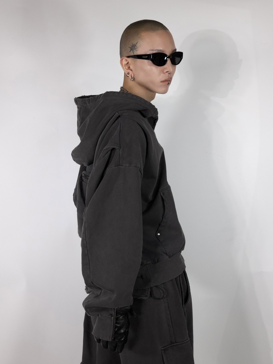トップス CHIKASHITSU PLUS double zip hoodie CHIKASHITSU PLUS HIGH】cropped dirty wash double zip hoodie