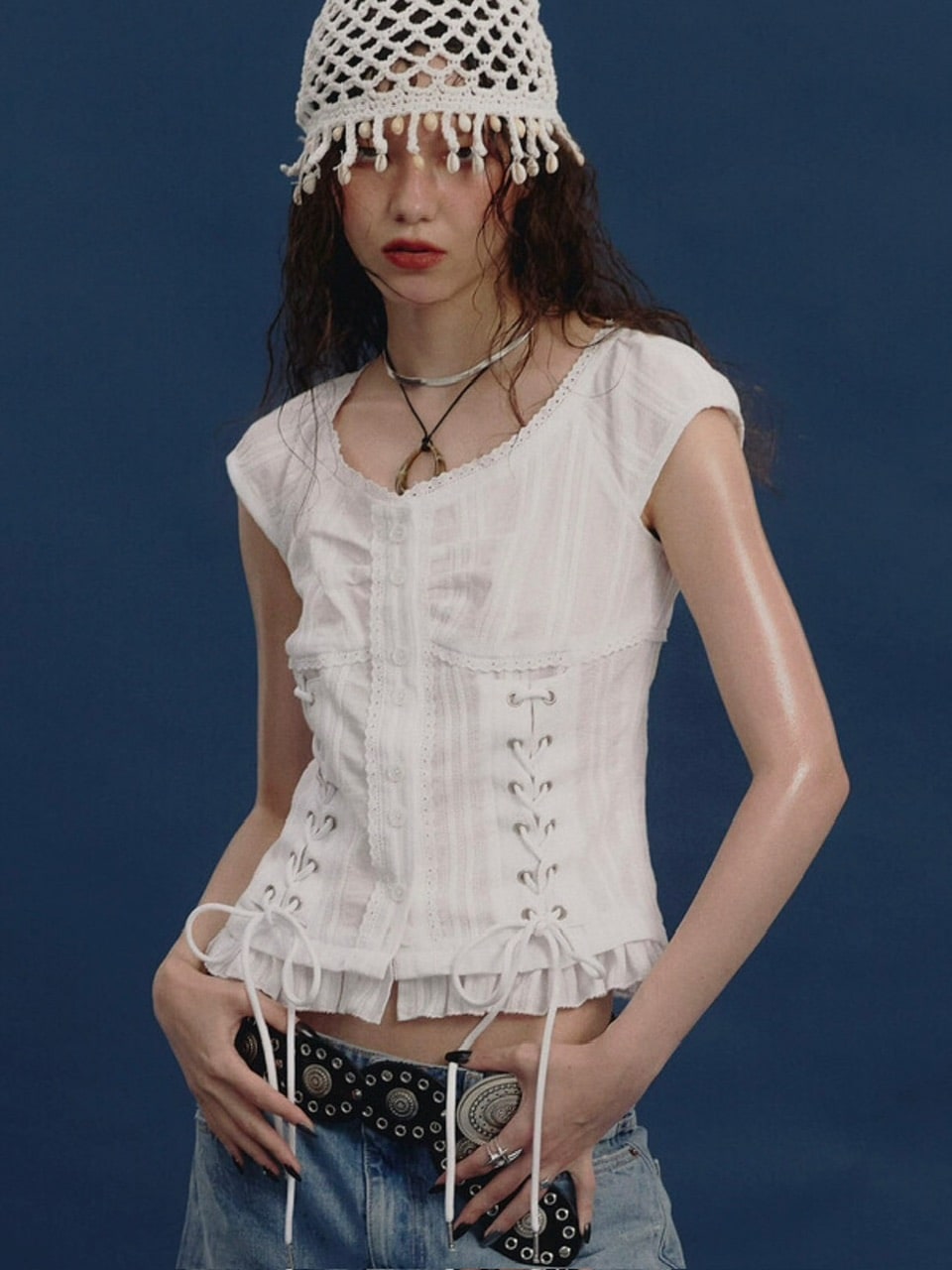 NOT KNOWING】Eyelet Lace Up Blouse / 【ノットノーイング