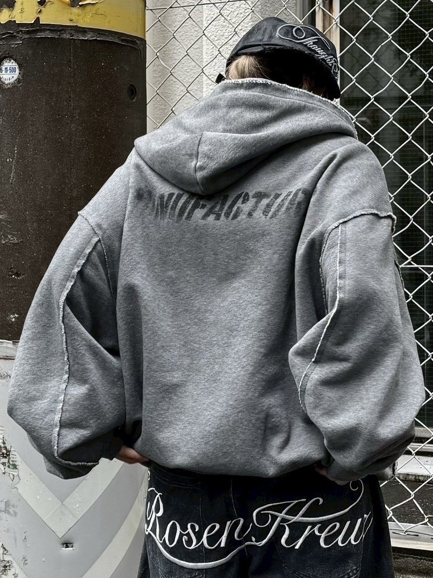 ゆった Never mind the XU】damage oversized zip up hoodie / 【ネバー