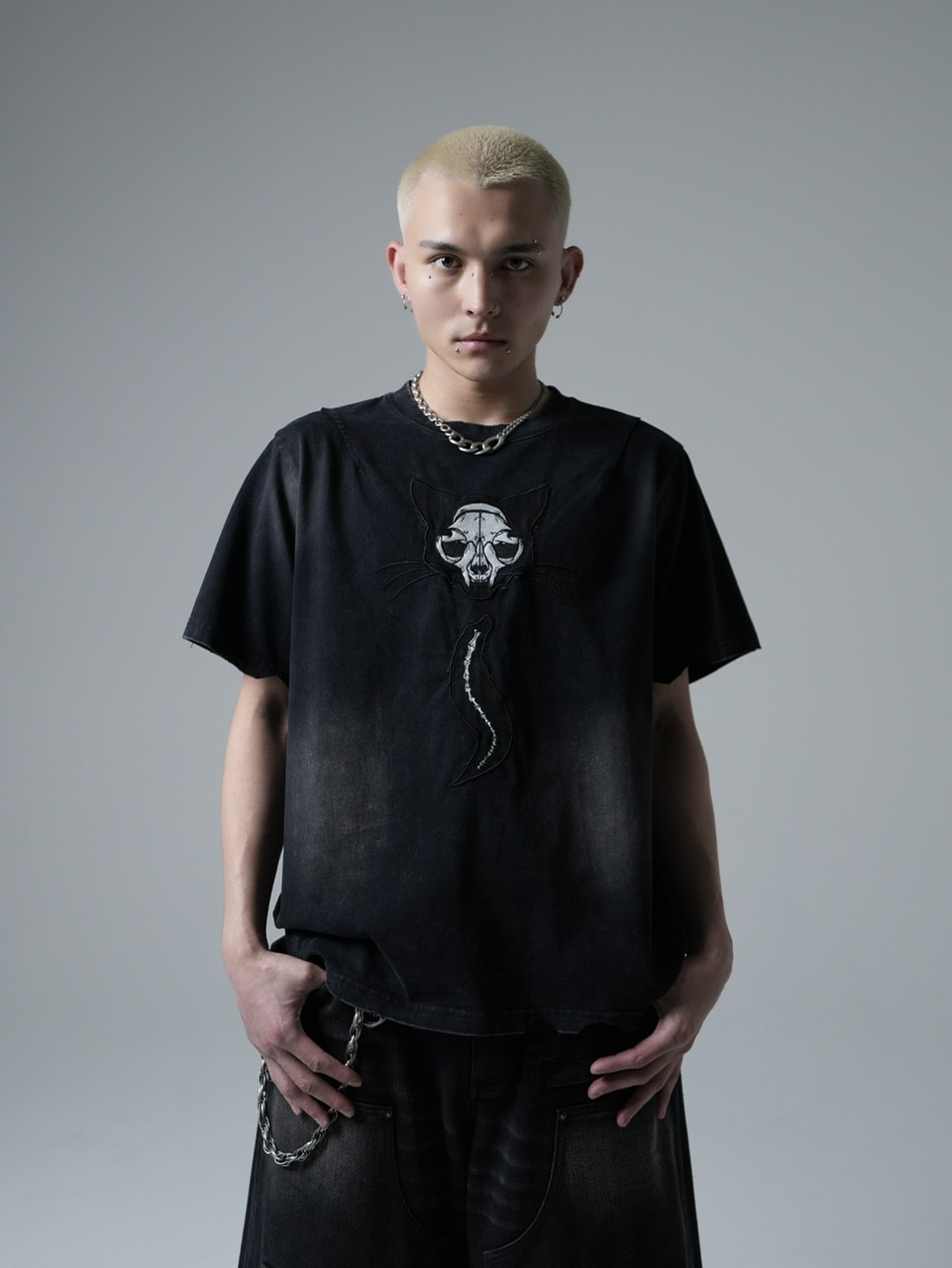 CHIKASHITSU PLUS HIGH】Destroy skull cat T-shirt (black