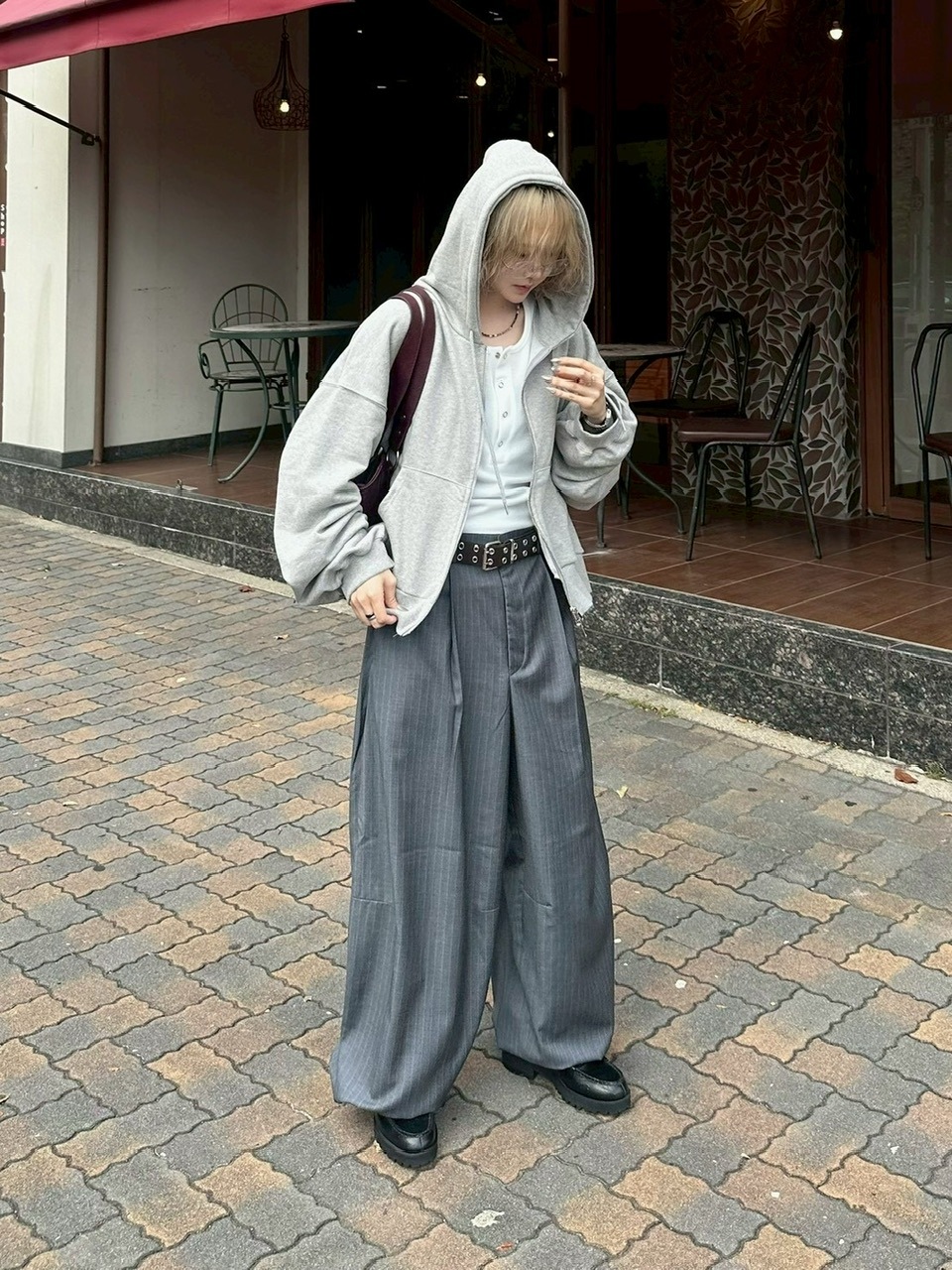 受注制【Chikashitsu +】draw cord stripe wide slacks / 【チカシツプラス】ドローコードストライプワイドスラックス (2color)