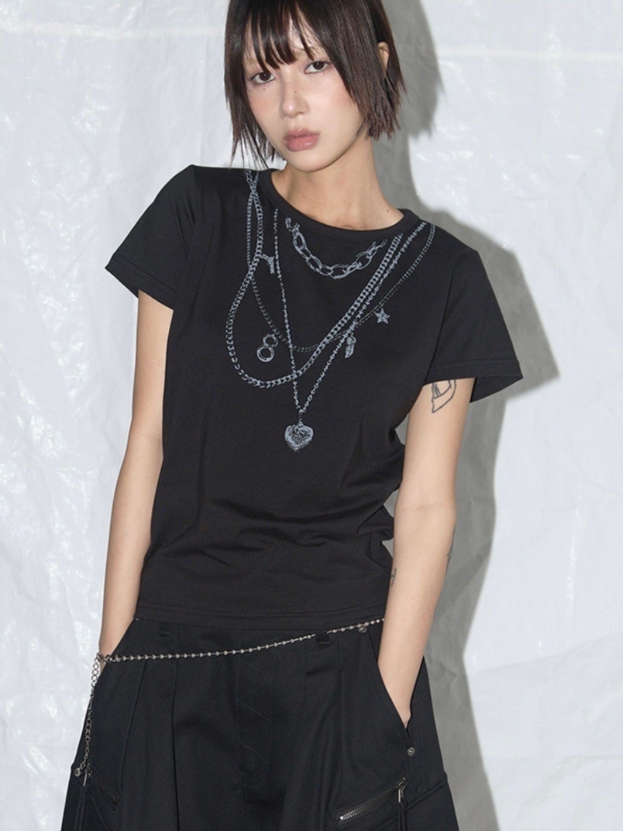 ★FANCYCLUB★DUAL CHARM NECKLACE TEE (BLACK) ★正規品/人気 FANCY CLUB】DUAL CHARM NECKLACE TEE / 【ファンシークラブ