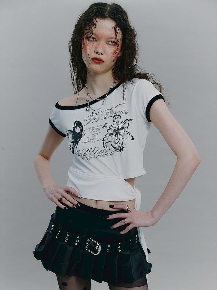 韓国 鳴潮 ポップアップ XL Tシャツ カンタレラ ショアキーパー NOT KNOWING】Tied One Off Shoulder Ringer Top / 【ノットノー