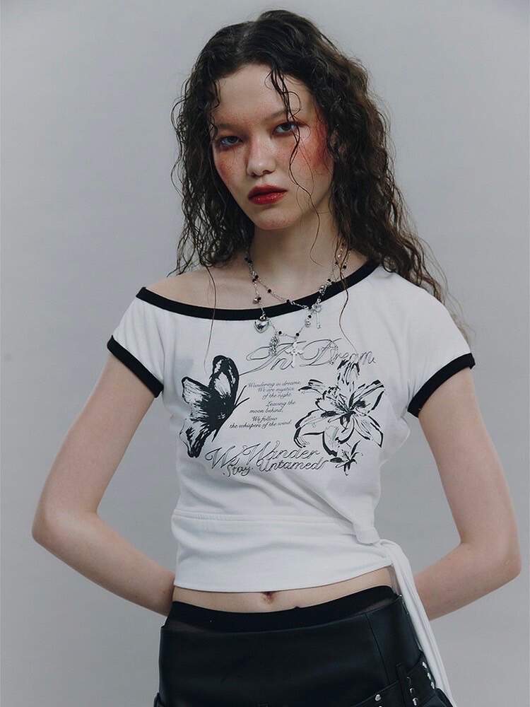 【ROCKCAKE】Shirring Draw Top オフショルダー Tシャツ NOT KNOWING】Tied One Off Shoulder Ringer Top / 【ノットノー