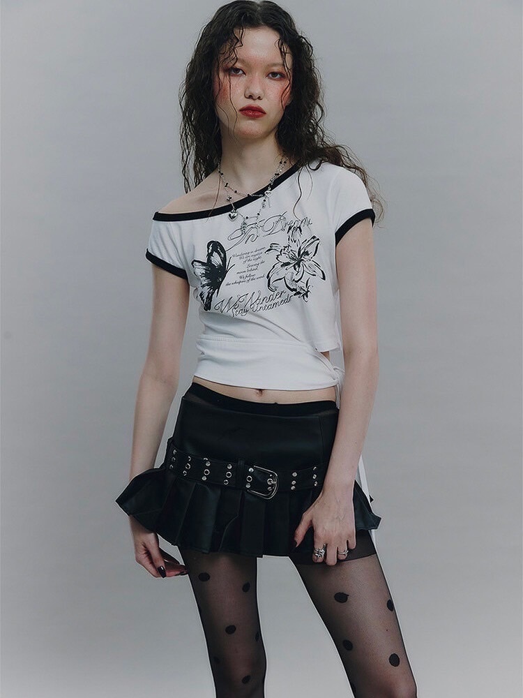カジュアル ナンバーレタープリント ワンショルダー半袖 Tシャツ NOT KNOWING】Tied One Off Shoulder Ringer Top / 【ノットノー