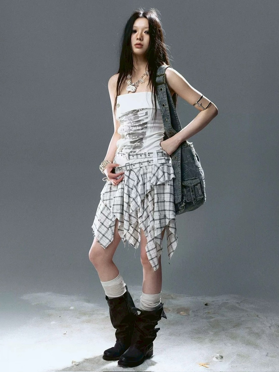 【Cest Nous】Star & Cross Denim Bag / 【セヌー】デニムショルダーバッグ