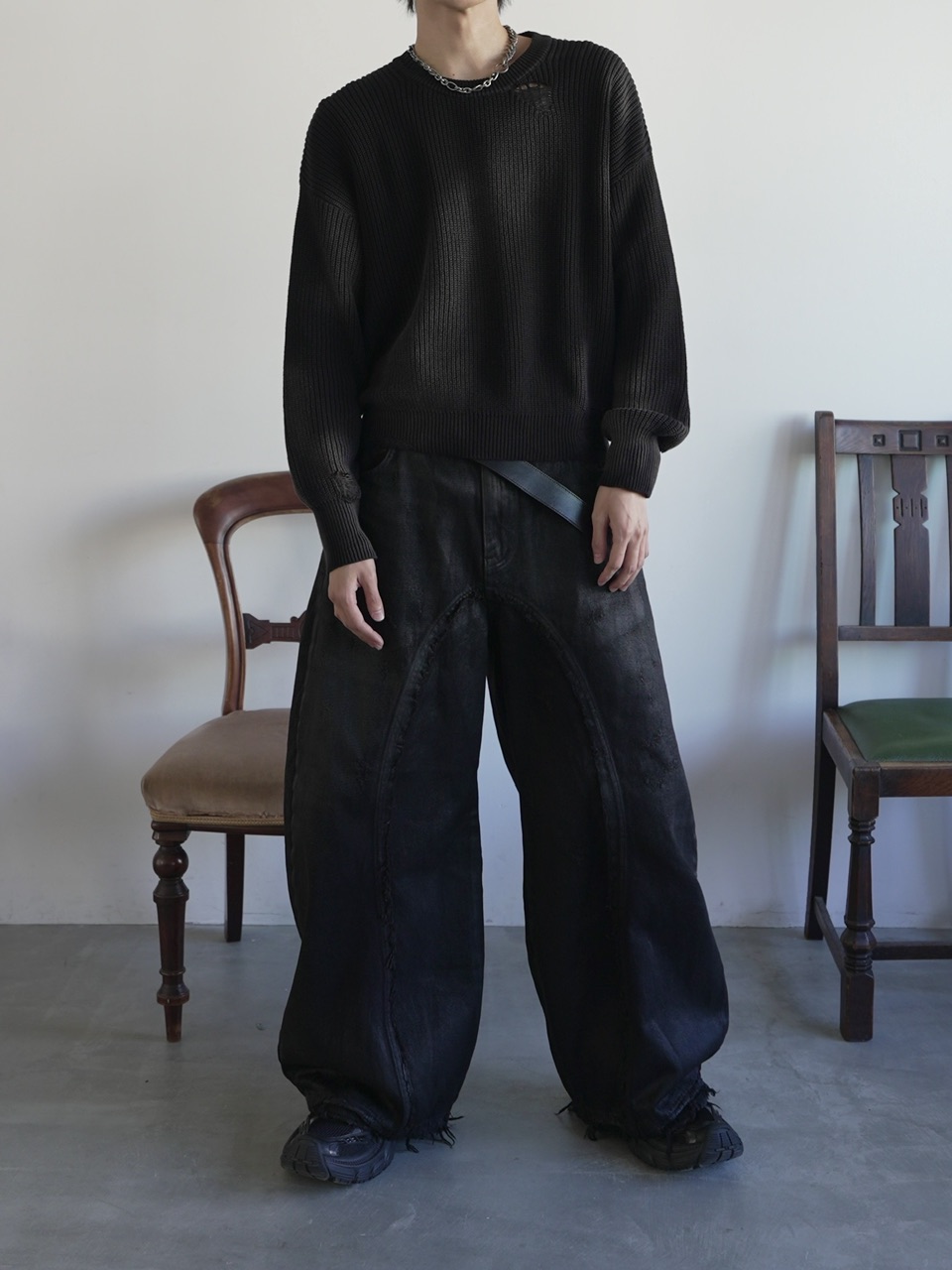 2/7 20:00再販【CHIKASHITSU PLUS HIGH】Washed coating denim pants