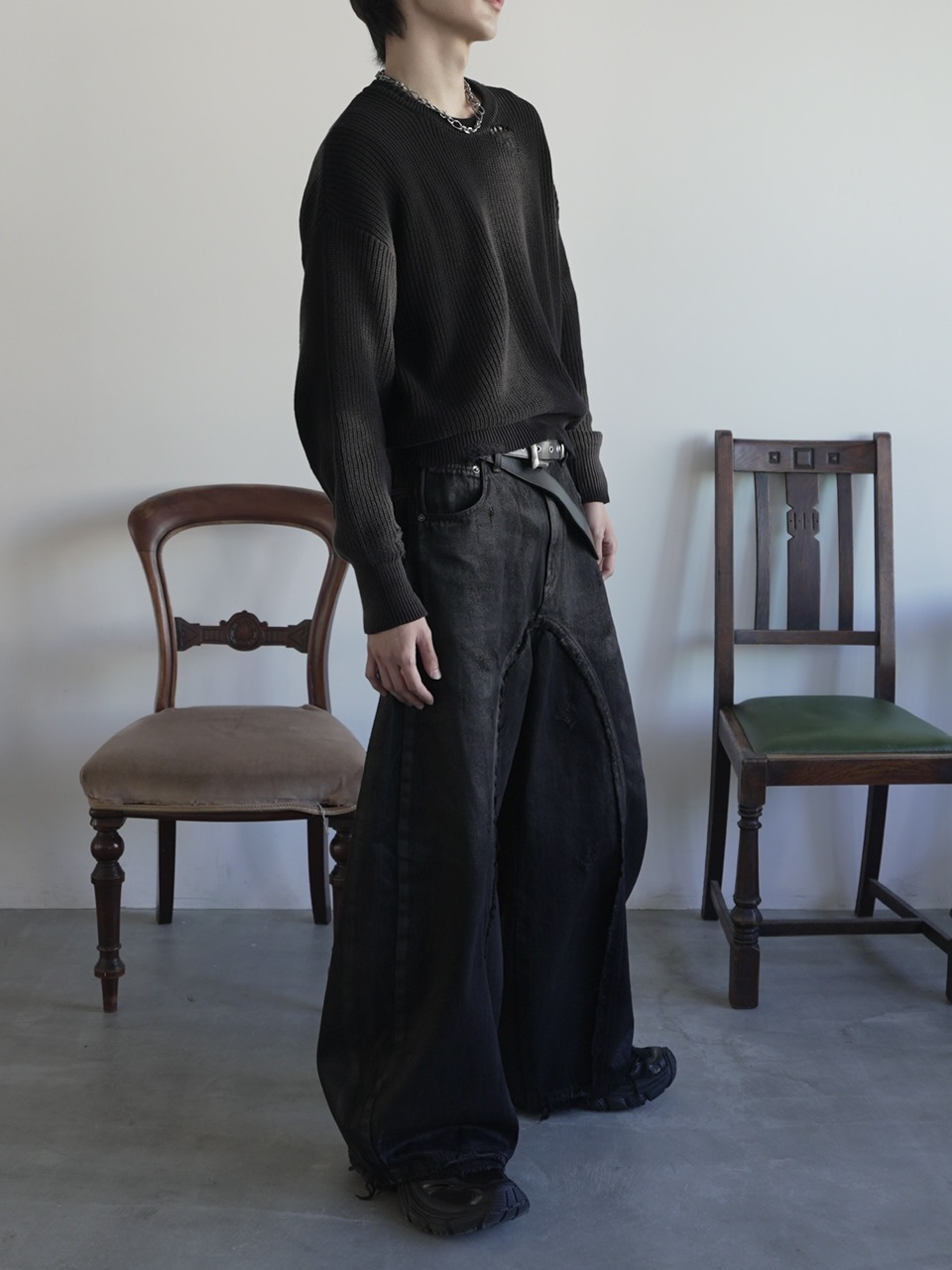 2/7 20:00再販【CHIKASHITSU PLUS HIGH】Washed coating denim pants