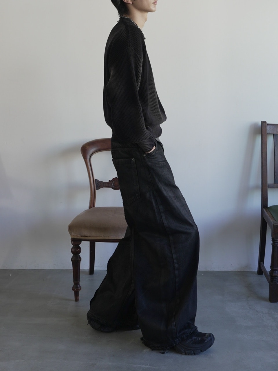 2/7 20:00再販【CHIKASHITSU PLUS HIGH】Washed coating denim pants