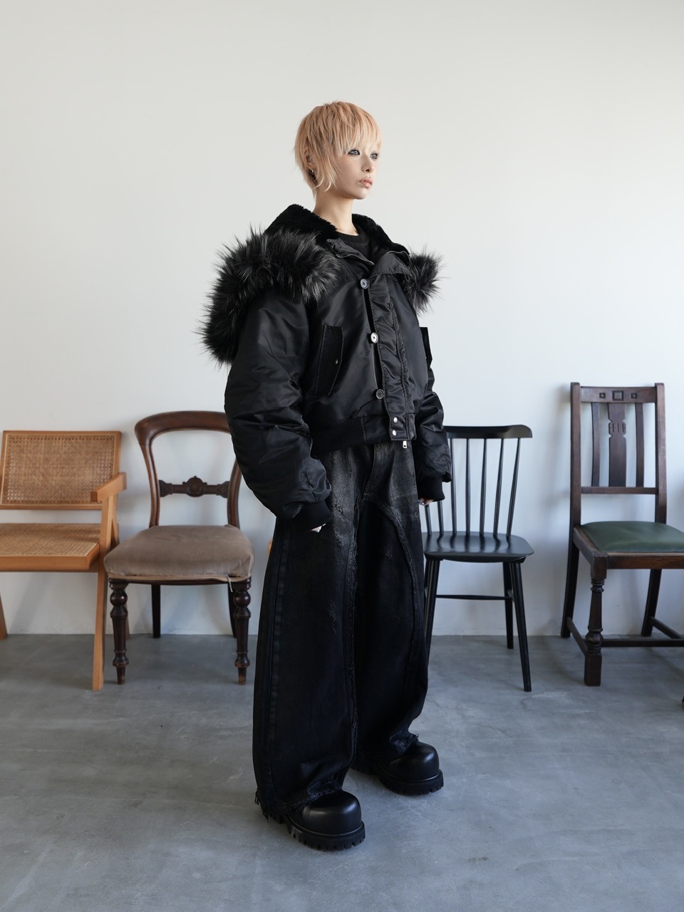 2/7 20:00再販【CHIKASHITSU PLUS HIGH】Washed coating denim pants