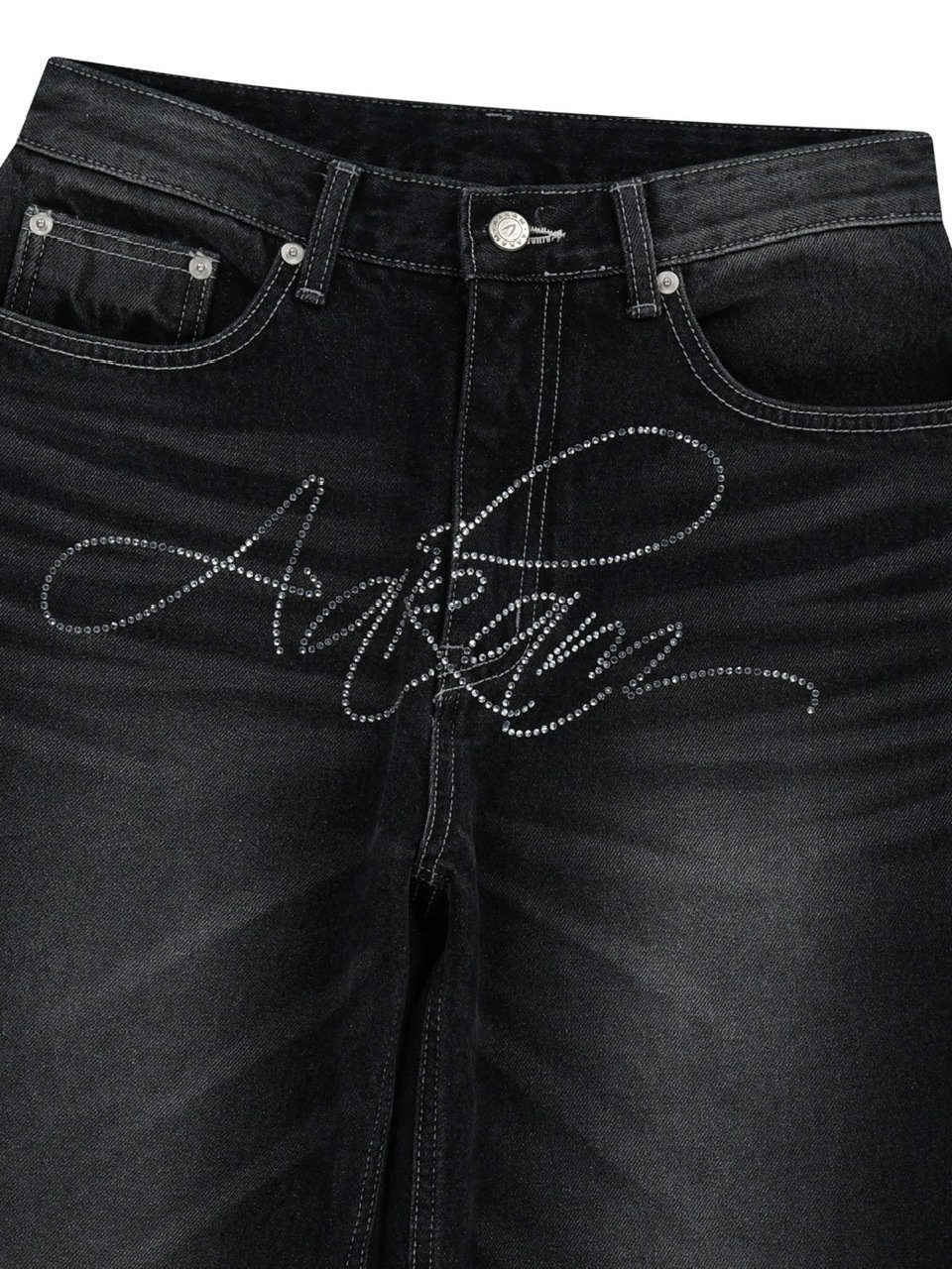 【AAKAM】Rhinestone Washed Denim Pants