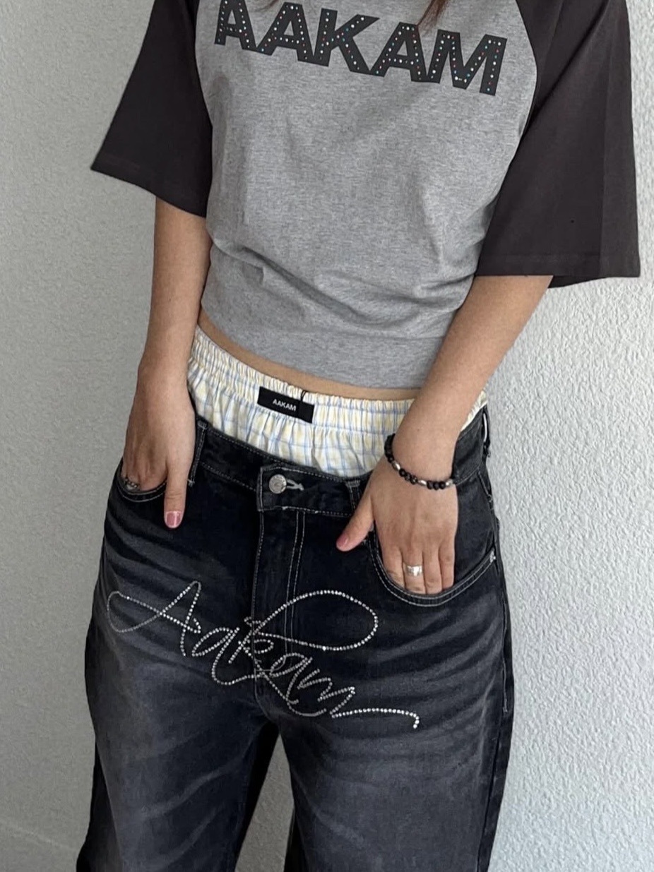AAKAM】Rhinestone Washed Denim Pants | OUR BRAND,AAKAM
