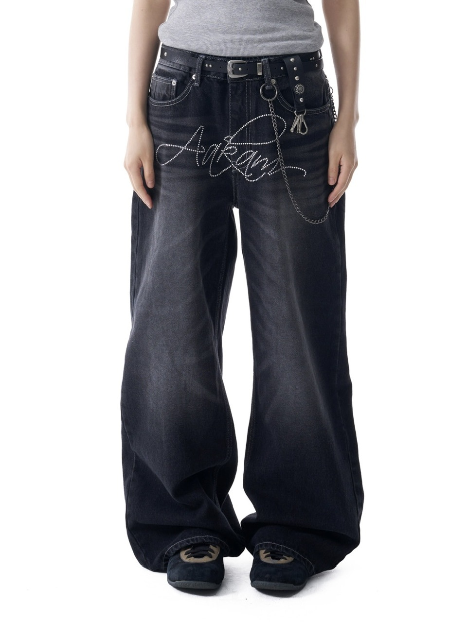 【AAKAM】Rhinestone Washed Denim Pants