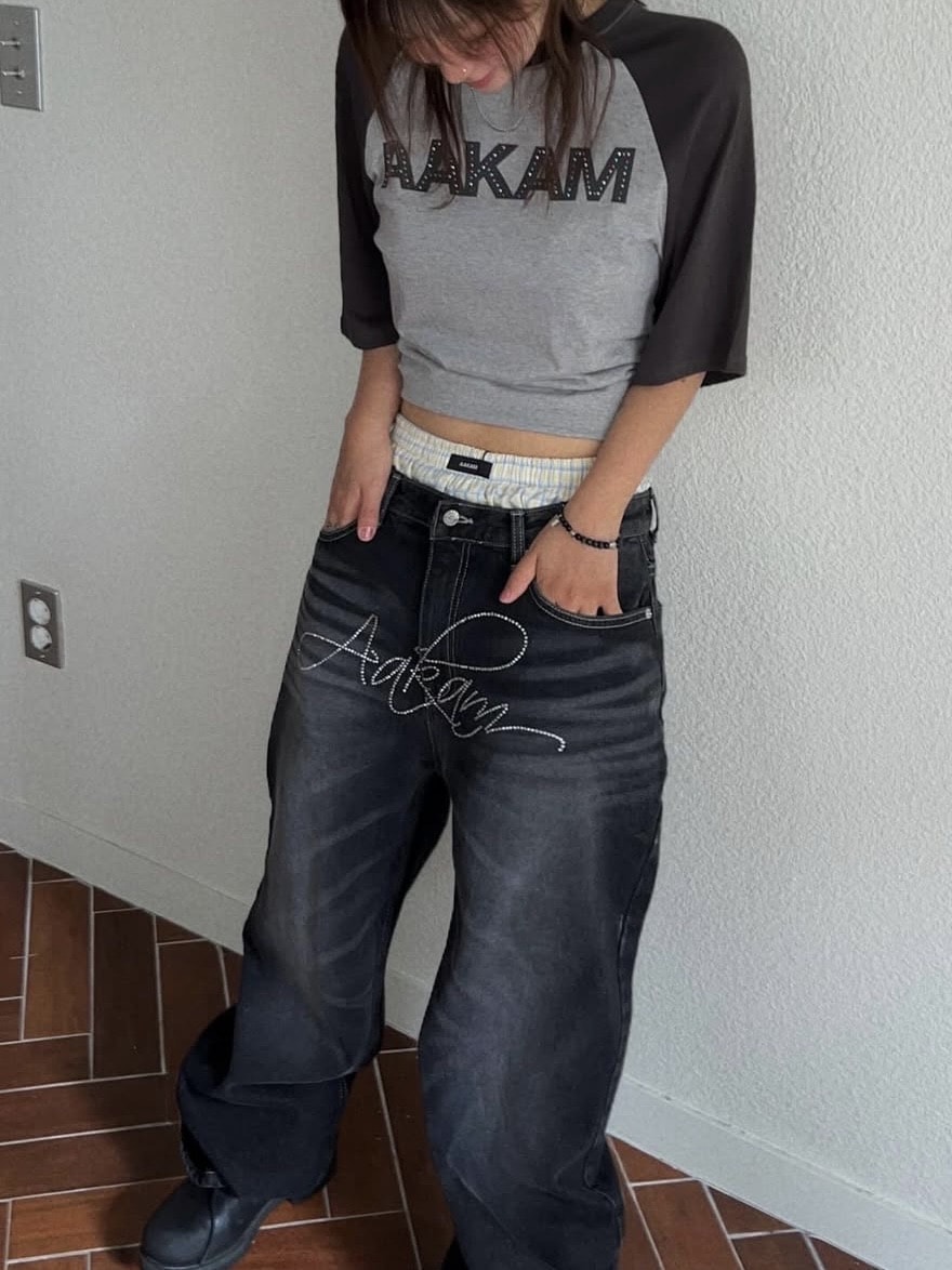 【AAKAM】Rhinestone Washed Denim Pants