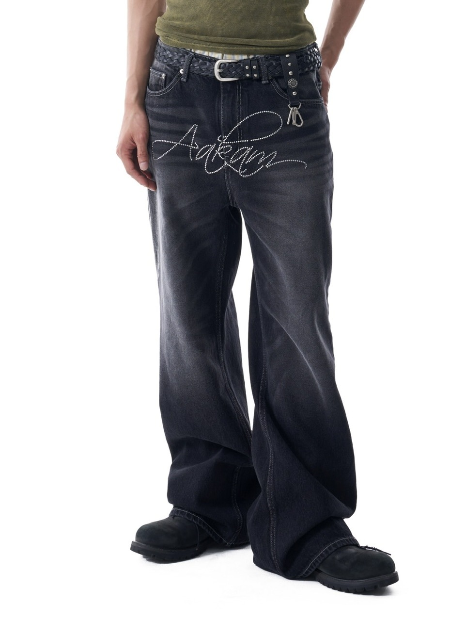 【AAKAM】Rhinestone Washed Denim Pants