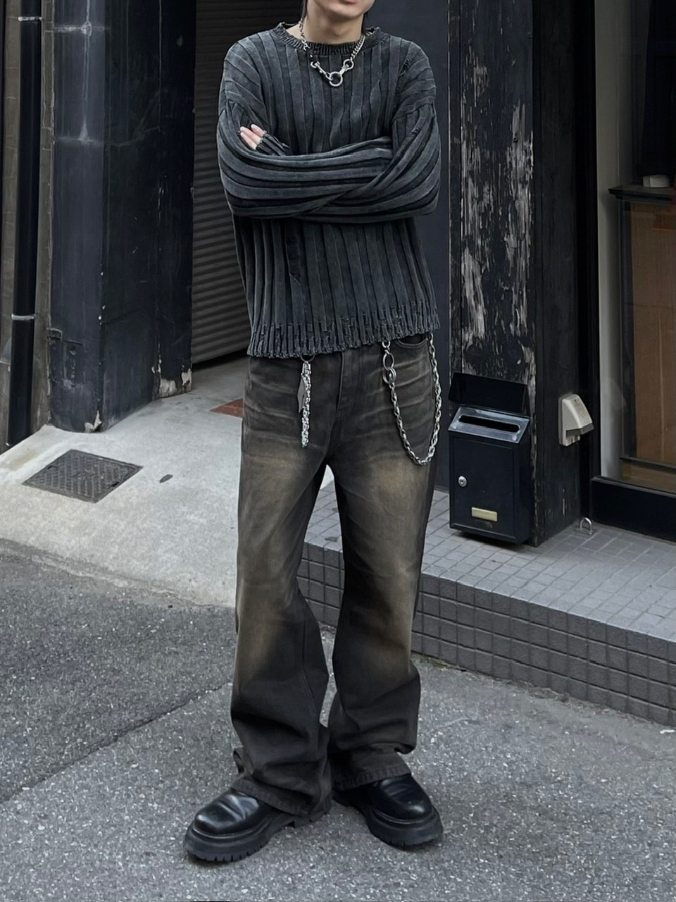 パンツ Chikashitsu + backsnap flare denim pants 大阪店WEB限定受注制【Chikashitsu +】back snap wide flare