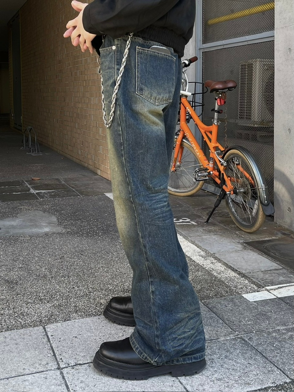 パンツ Chikashitsu + backsnap flare denim pants 大阪店WEB限定受注制【Chikashitsu +】back snap wide flare