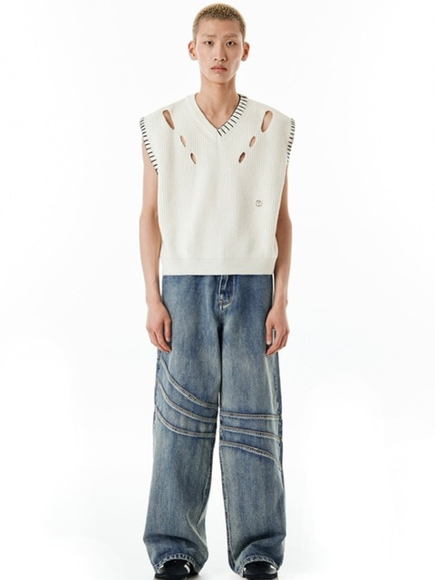 ★OY★STITCH CUT-OUT KNIT VEST-OLIVE GREEN★正規品/直送料込 オーワイ(OY) STITCH CUT-OUT KNIT VEST-OLIVE GREEN