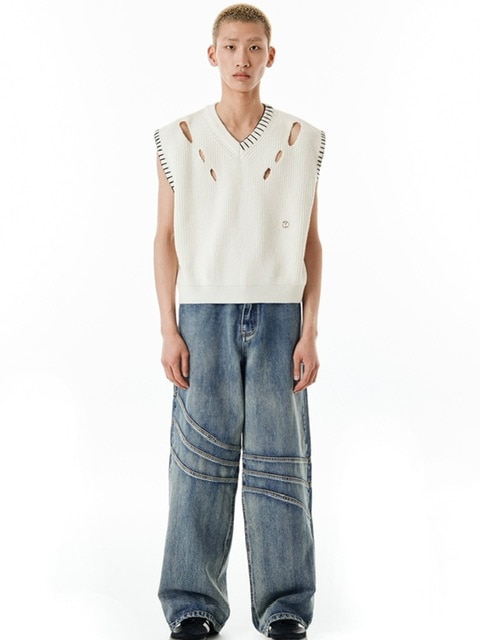 【OY】STITCH CUT-OUT KNIT VEST