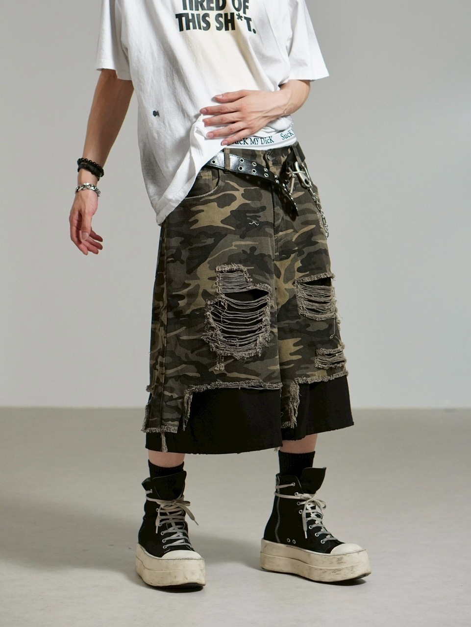 受注制【Chikashitsu +】layered camouflage bermuda pants