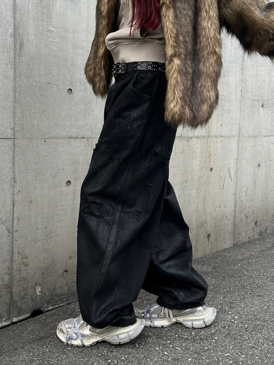 Chikasitsu+ダメージワイドデニム 受注制【Chikashitsu +】coating damage wide denim pants
