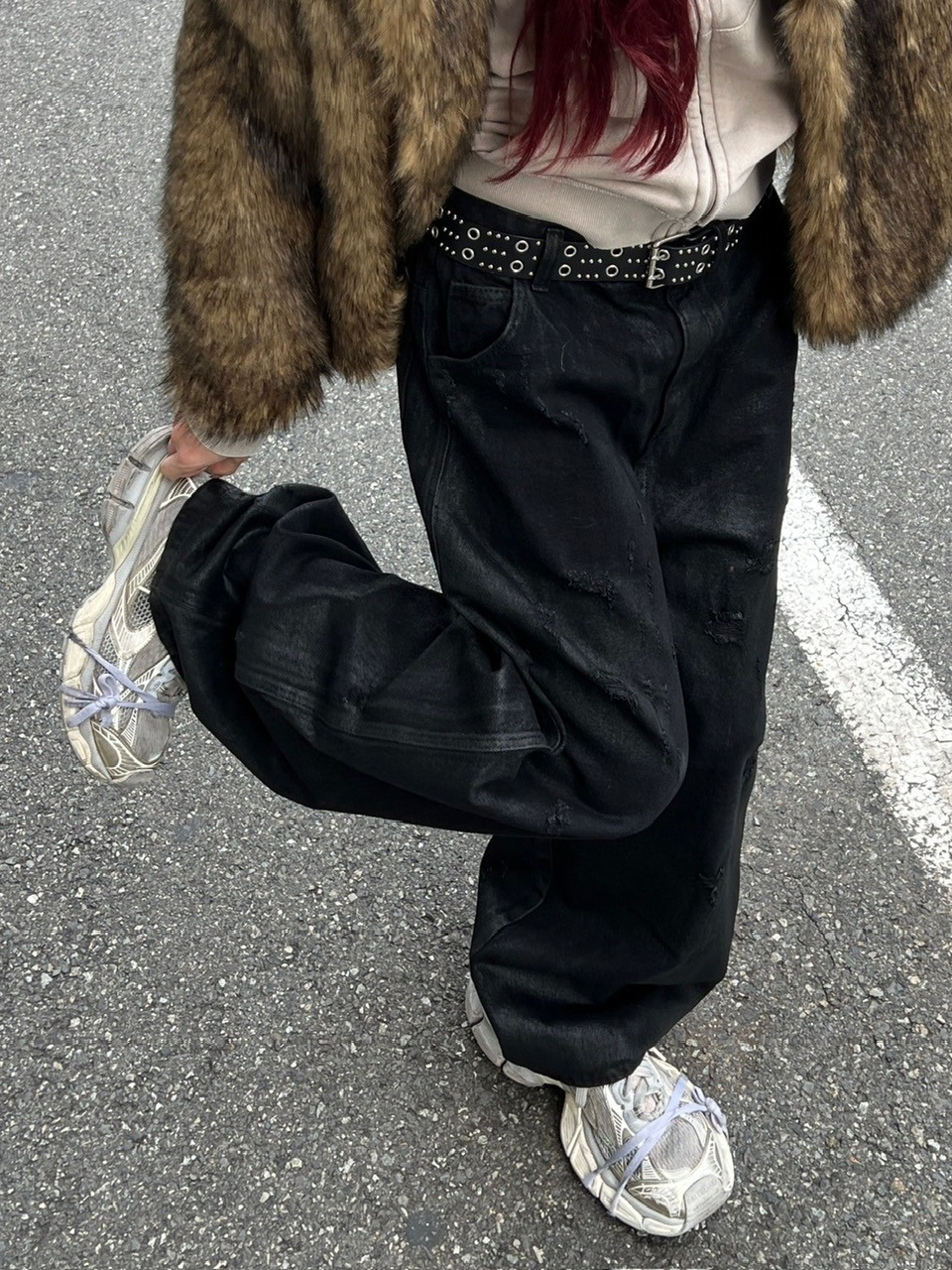 受注制【Chikashitsu +】coating damage wide denim pants