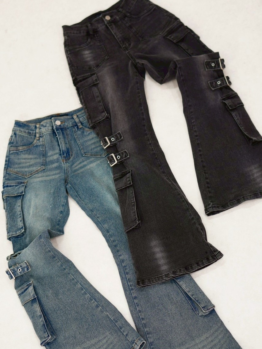 【NMTXU】flare cargo denim pants / 【エヌエムティーエックスユー】ウォッシュドフレアカーゴデニムパンツ