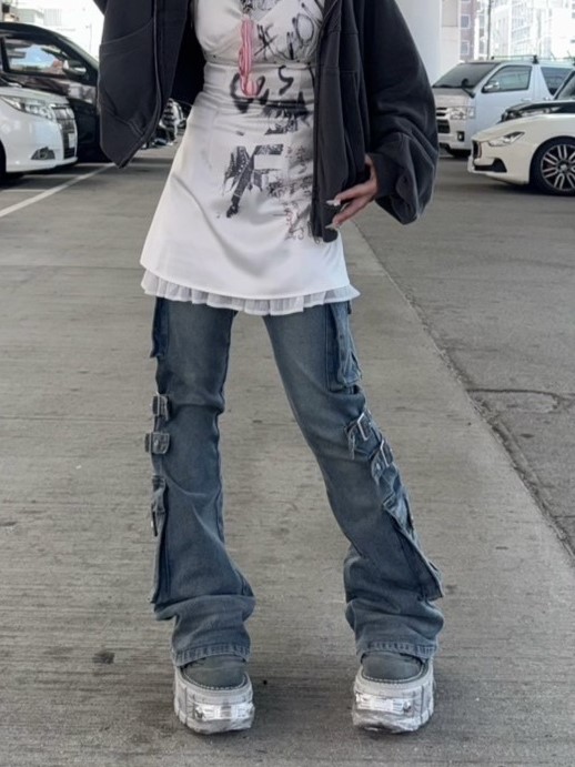 【NMTXU】flare cargo denim pants / 【エヌエムティーエックスユー】ウォッシュドフレアカーゴデニムパンツ