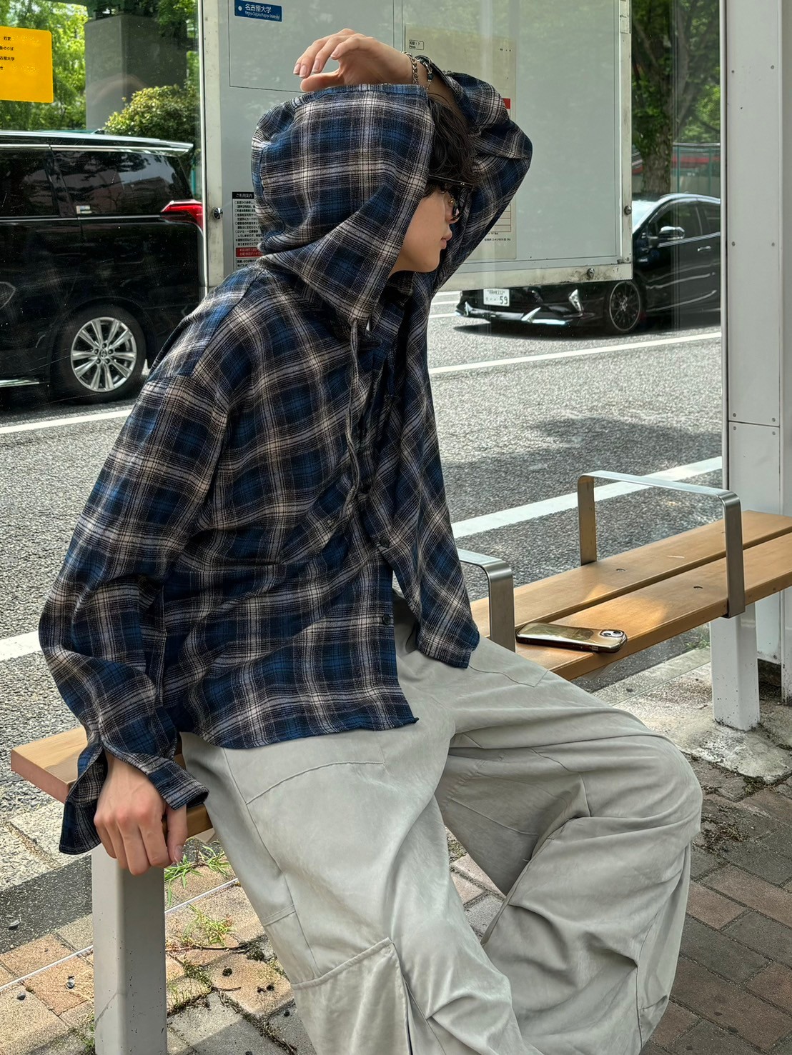 受注制【Chikashitsu +】glen check hooded shirt (2color