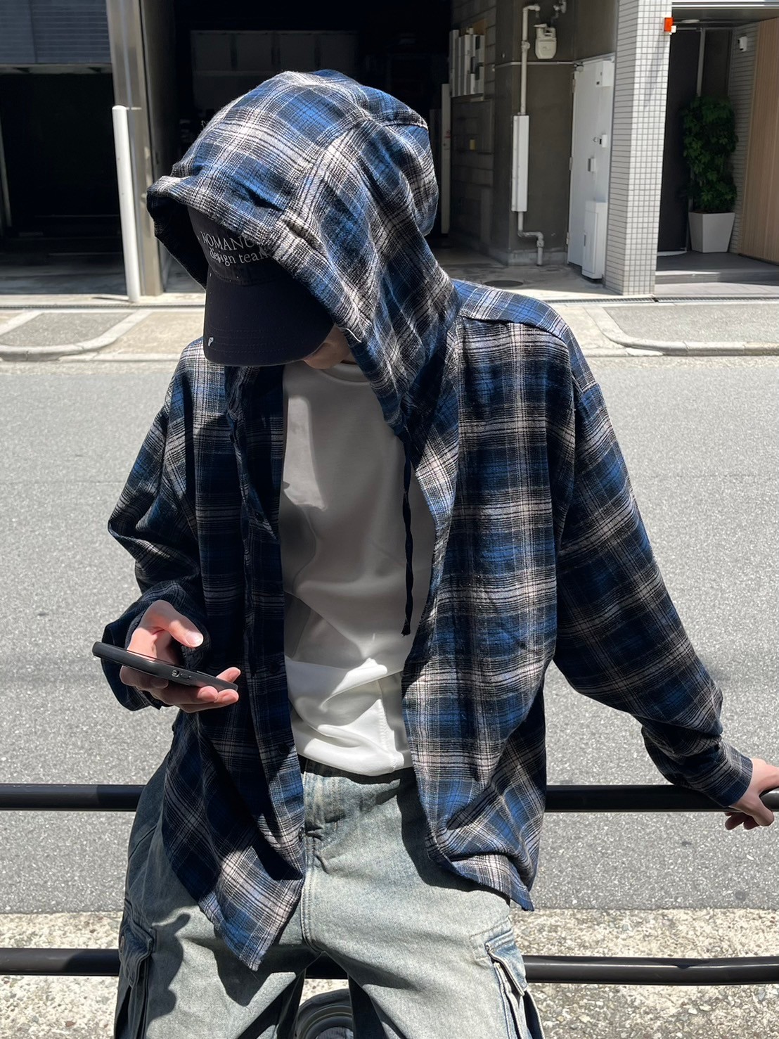 受注制【Chikashitsu +】glen check hooded shirt (2color