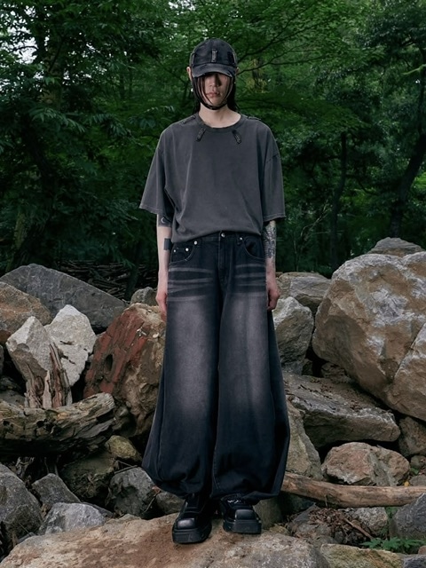 デニム・ジーパン SURGERY double folding over wide baggy jeans destroyed blue 3/30再入荷【SURGERY】double folding over wide baggy jeans