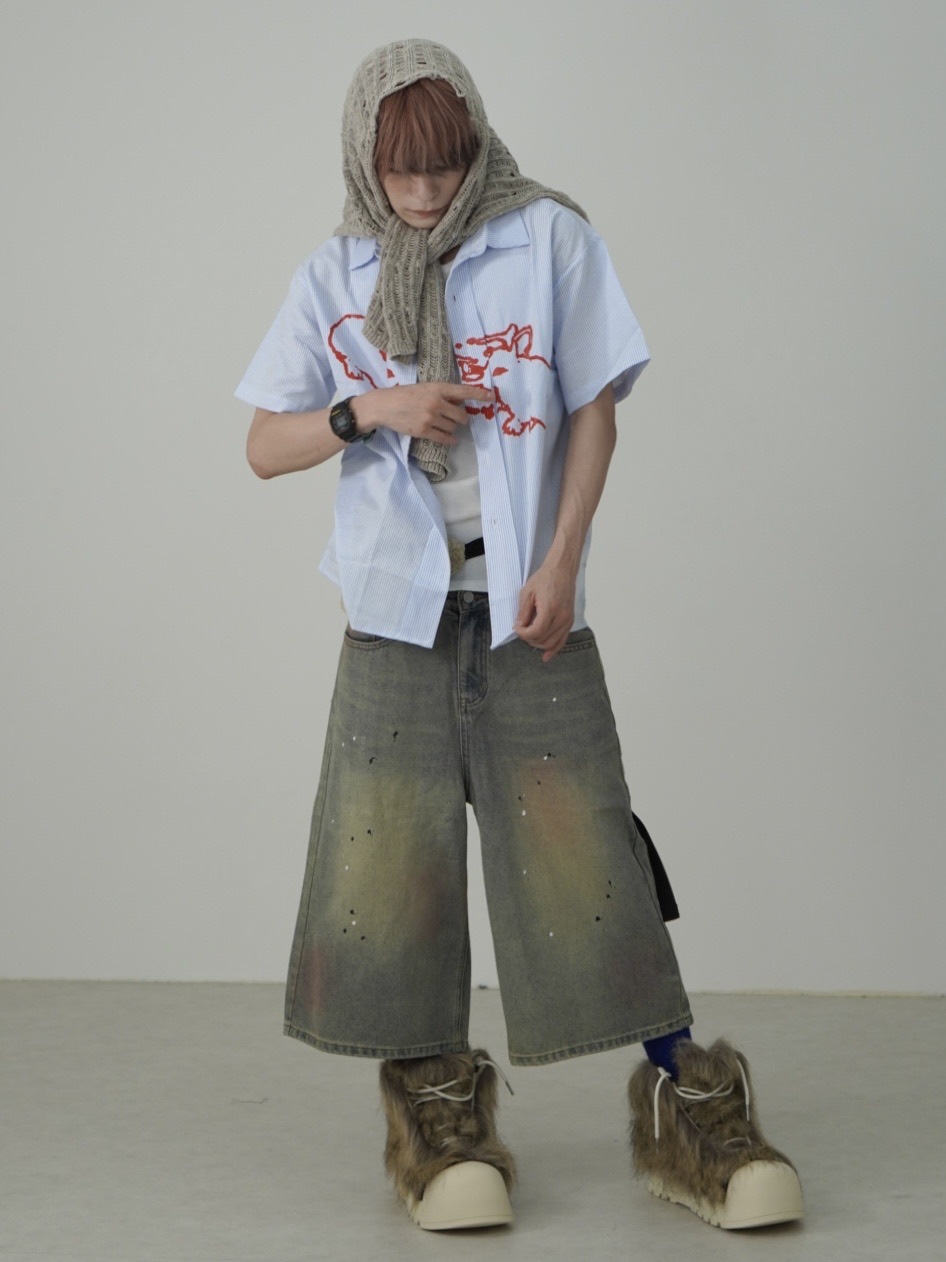 受注制【Nerd out XU】pink washed seven quarte denim pants / 【ナードアウトエックスユー】ピンクウォッシュドワイドハーフパンツ
