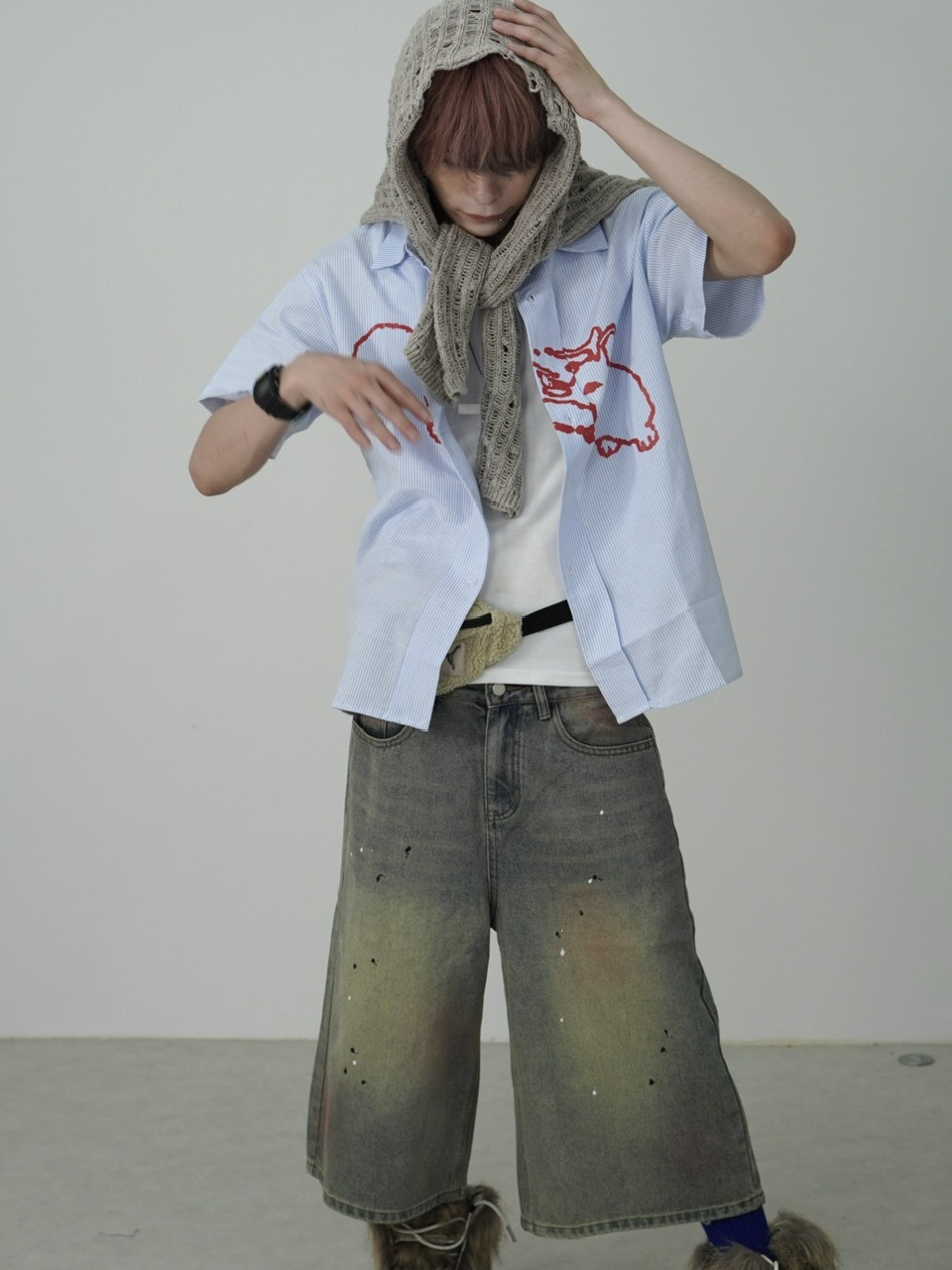 受注制【Nerd out XU】pink washed seven quarte denim pants / 【ナードアウトエックスユー】ピンクウォッシュドワイドハーフパンツ