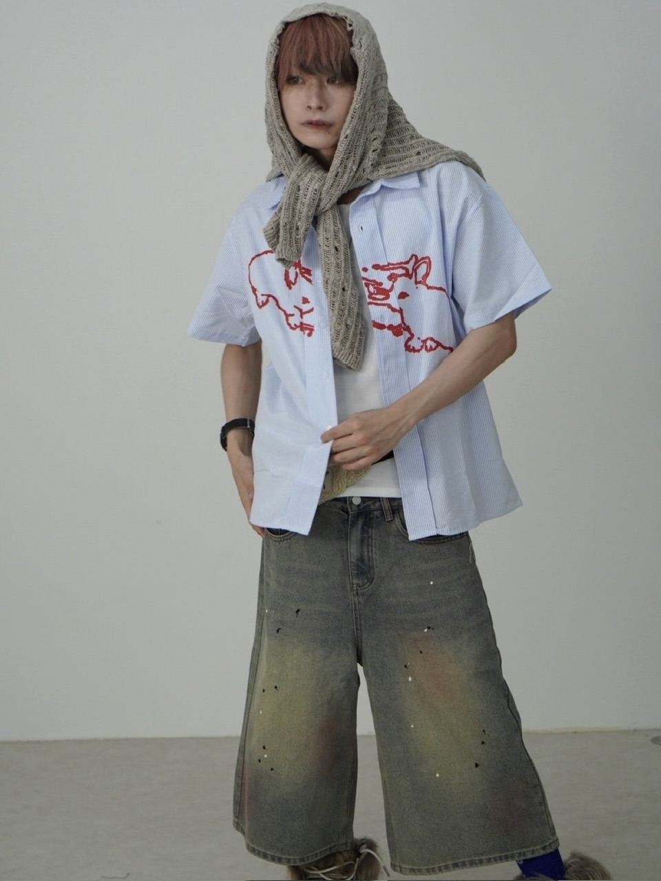 受注制【Nerd out XU】pink washed seven quarte denim pants / 【ナードアウトエックスユー】ピンクウォッシュドワイドハーフパンツ