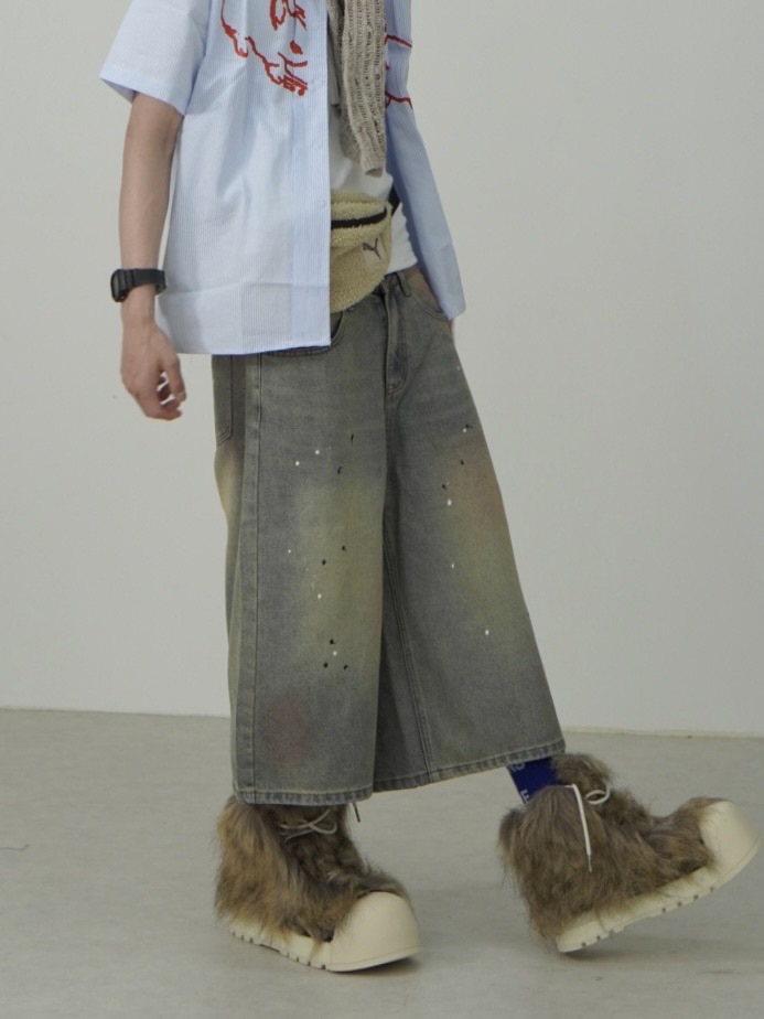 受注制【Nerd out XU】pink washed seven quarte denim pants / 【ナードアウトエックスユー】ピンクウォッシュドワイドハーフパンツ