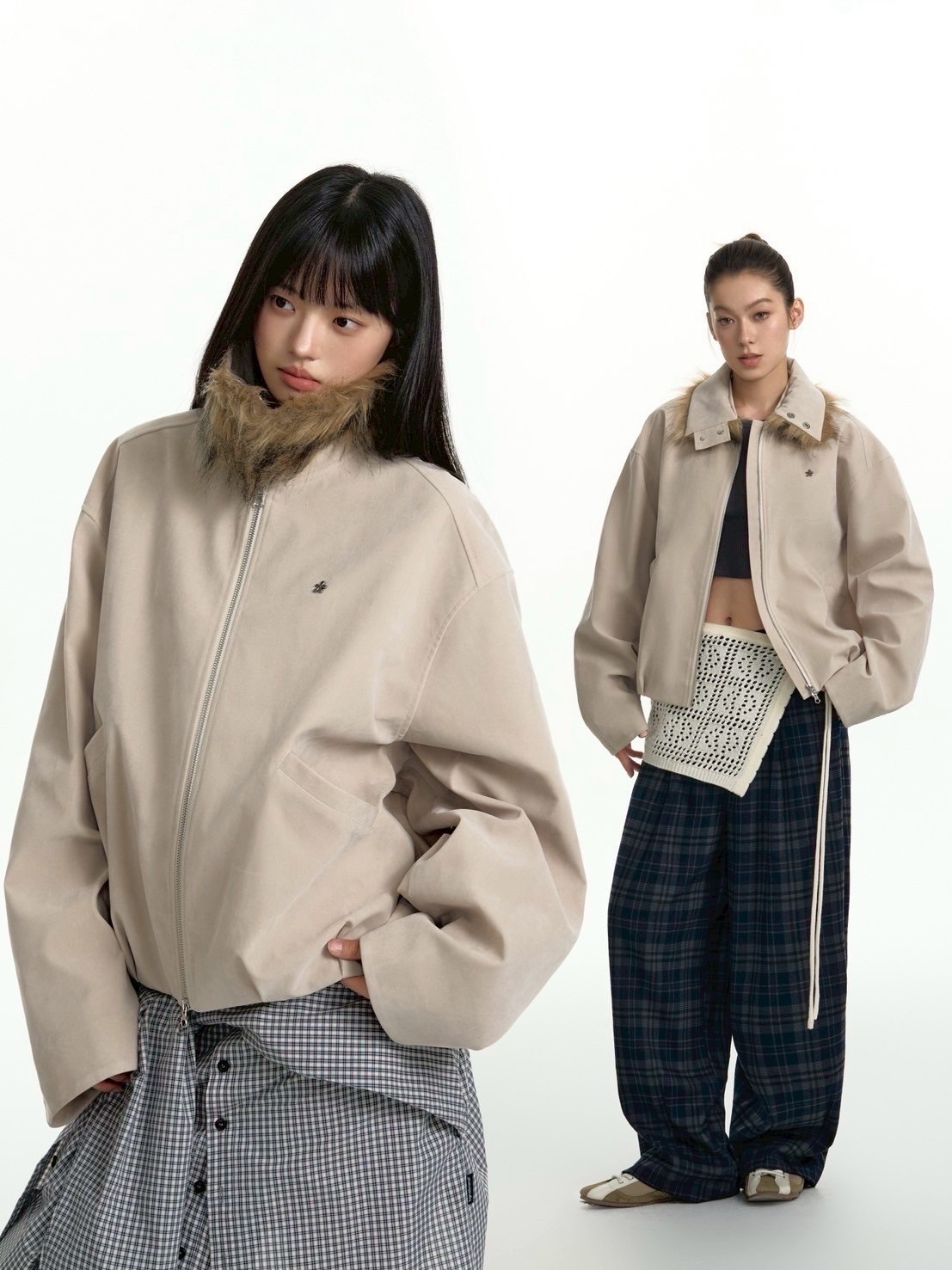 TGNS】Fur Collar Pleated Detachable Collar Jacket / 【ツーガンズ