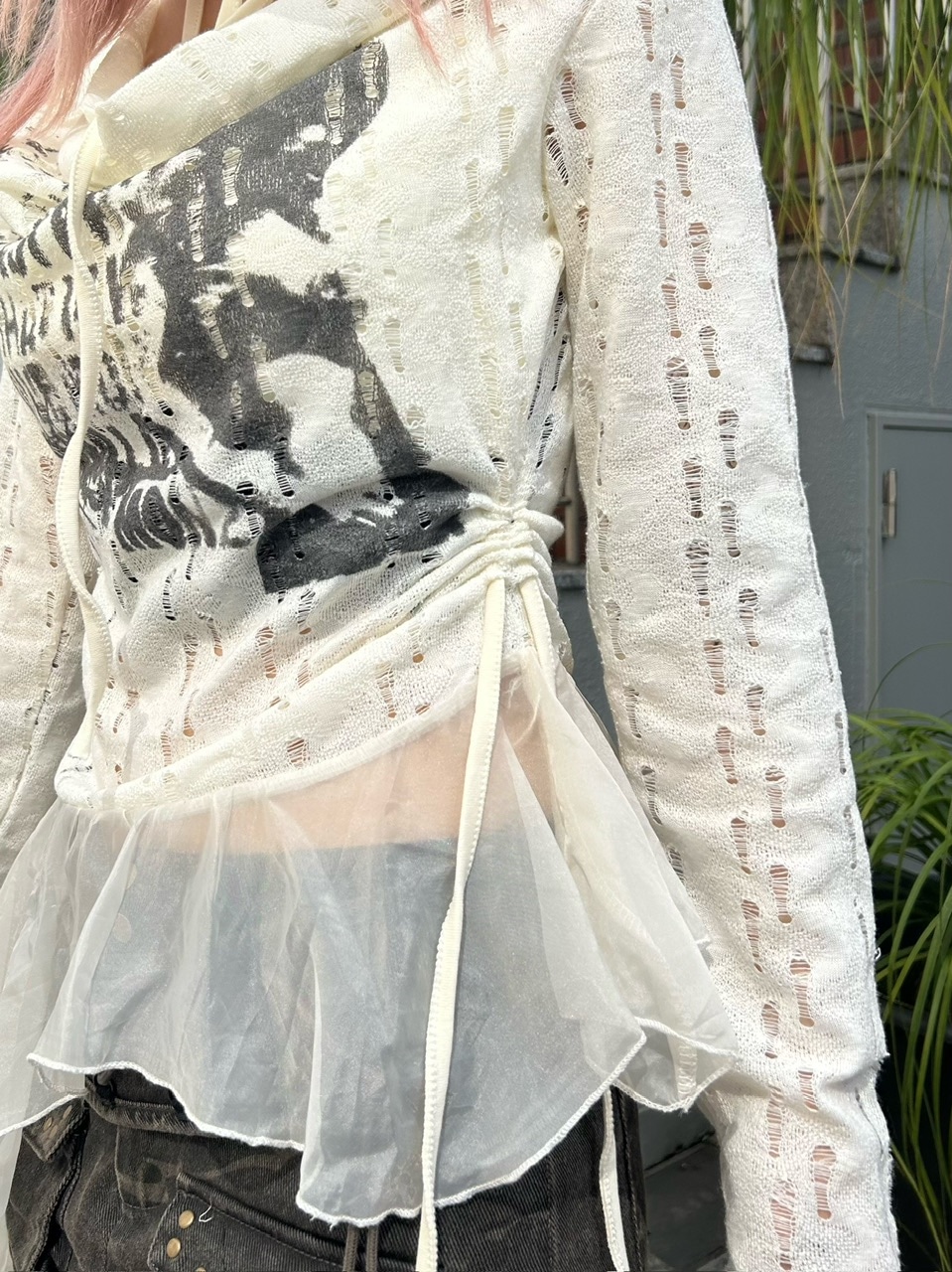 【Never mind the XU】see-through loose tops / 【ネバーマインドザエックスユー】シースルーレイヤードフリル長袖トップス (2color)