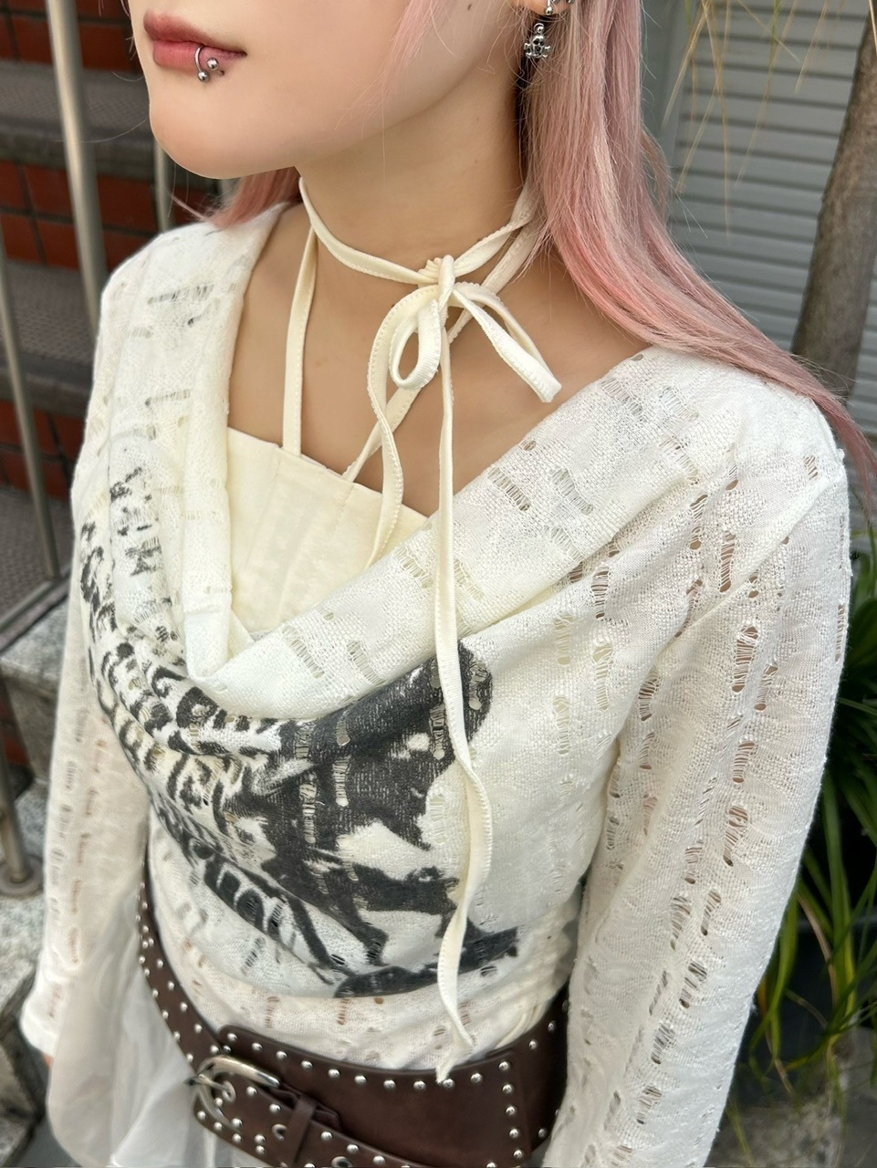 【Never mind the XU】see-through loose tops / 【ネバーマインドザエックスユー】シースルーレイヤードフリル長袖トップス (2color)