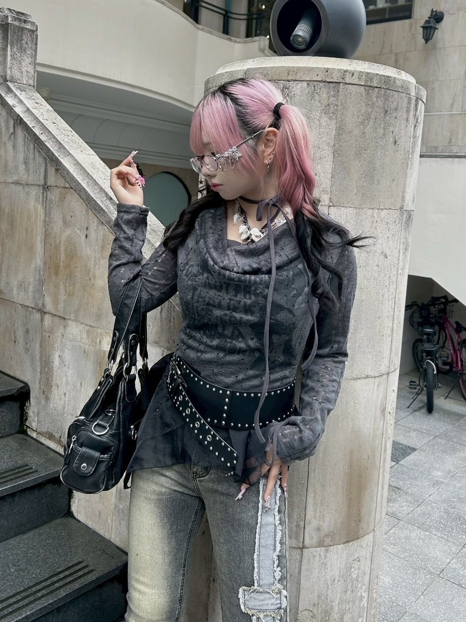 【Never mind the XU】see-through loose tops / 【ネバーマインドザエックスユー】シースルーレイヤードフリル長袖トップス (2color)