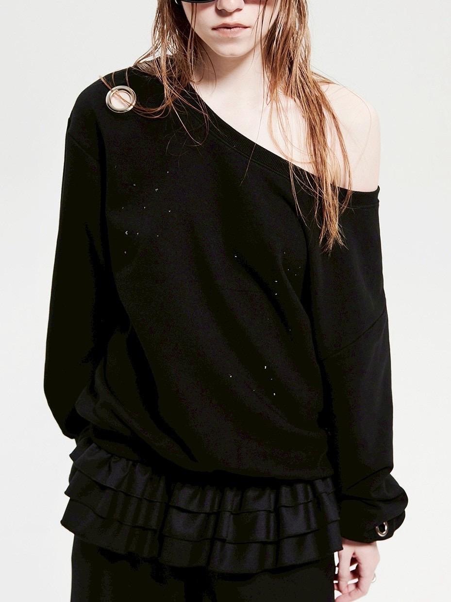 【HOLY NUMBER 7】Eyelet Cubic Off-Shoulder Sweatshirt