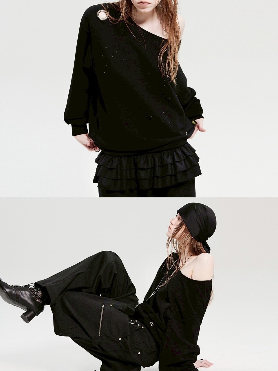 【HOLY NUMBER 7】Eyelet Cubic Off-Shoulder Sweatshirt