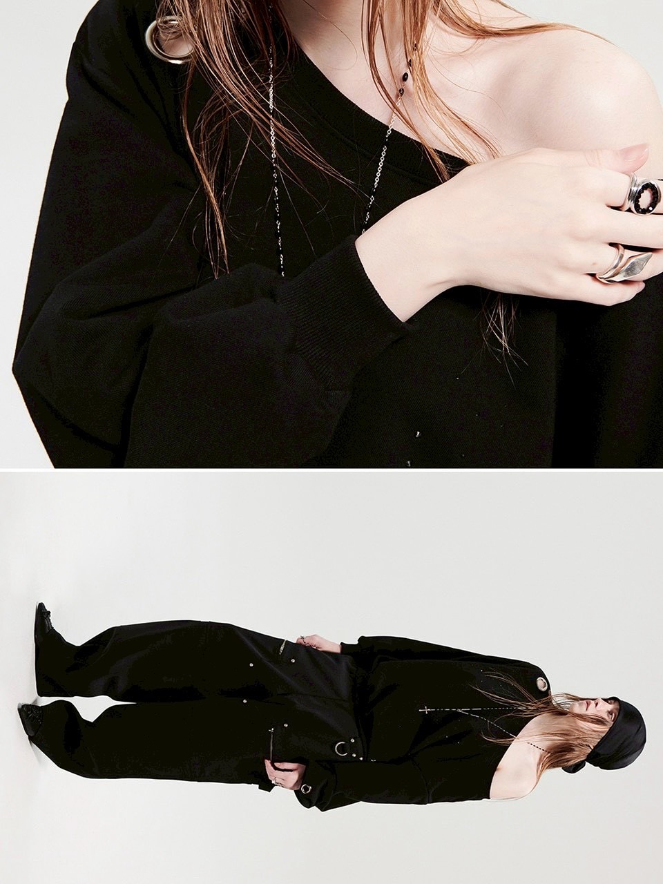 【HOLY NUMBER 7】Eyelet Cubic Off-Shoulder Sweatshirt