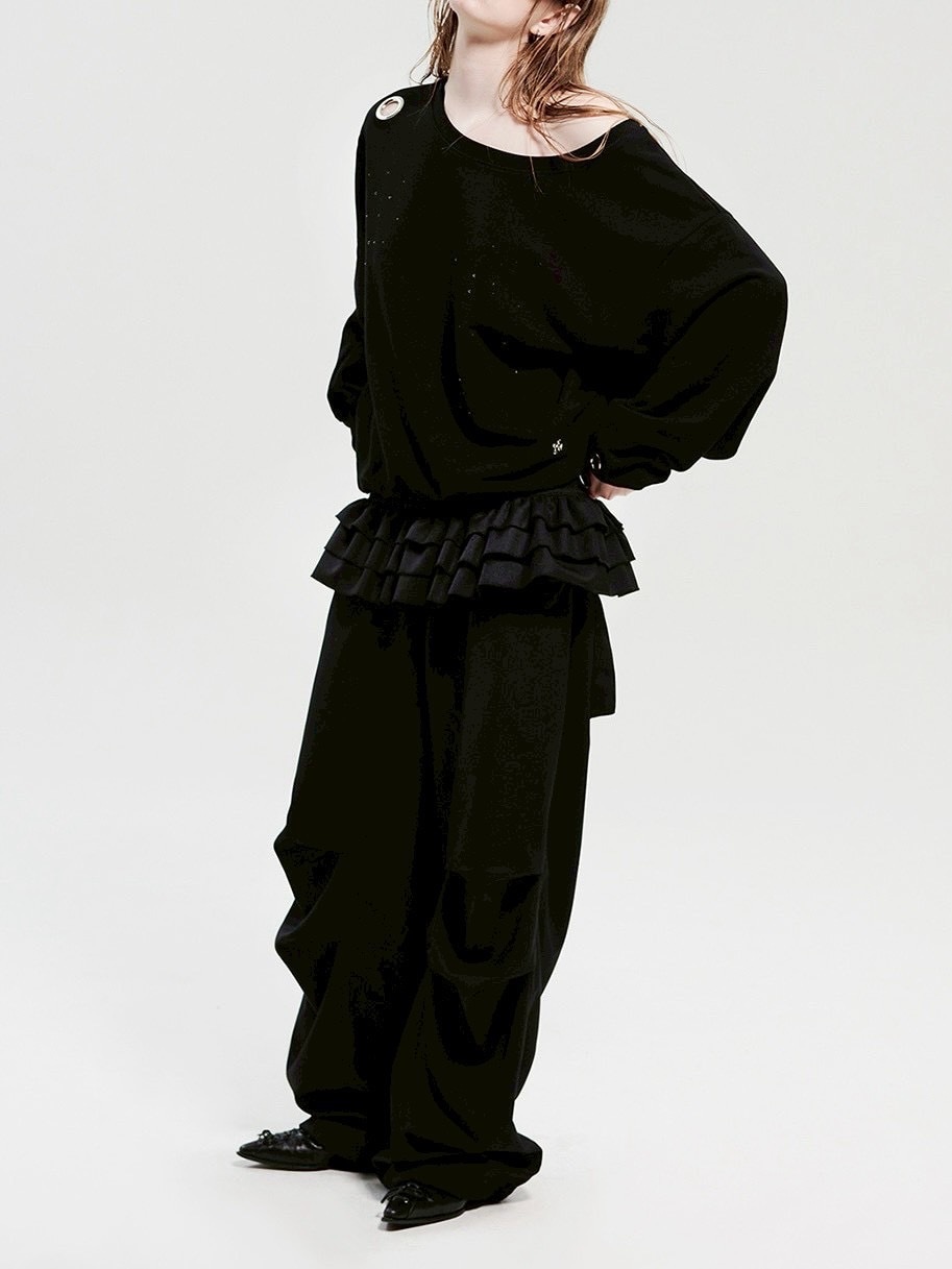 【HOLY NUMBER 7】Eyelet Cubic Off-Shoulder Sweatshirt